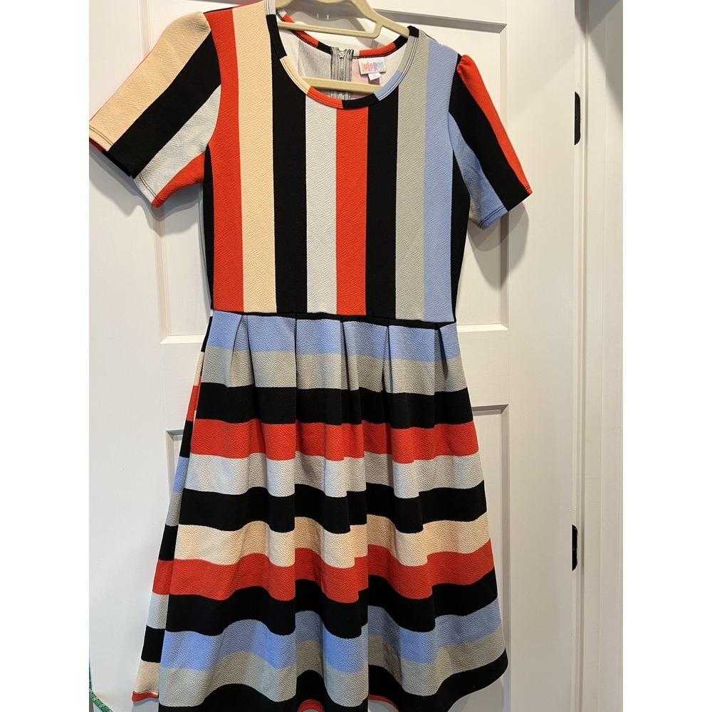 NWT Lularoe Pleated A-Line Amelia Dress Blue Multi Wide Piano Stripe- Medium